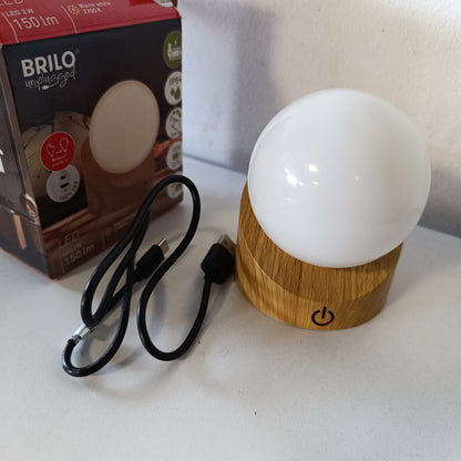 185533 - BRILONER - Llambë tavoline LED mini pa tel IP54, me kontroll me prekje, bateri të ndërrueshme, 10x8x9 cm, në formë globi, pamje druri