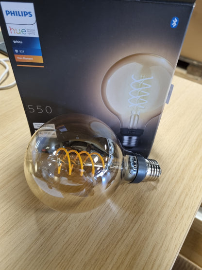 167641 - PHILIPS Hue Filament Edison G93-1-Pack, Llambë LED E27, Ndriçim i Qëndrueshëm, Dritë e Bardhë e Ngrohtë, Mund të Errësohet, Lidhet me Bluetooth dhe Hue Bridge, Kompatibile me Alexa dhe Google Home