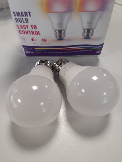 196576 - LLAMBË WIZ SMART LED A60, Ngjyrë e plotë dhe e bardhë 2200-6500K, Bazë E27, Ekuivalente 60W, Fuqi 806 Lumen, Me errësues, E Pajtueshme me Alexa, Google Assistant dhe Apple Home, Pako e 2