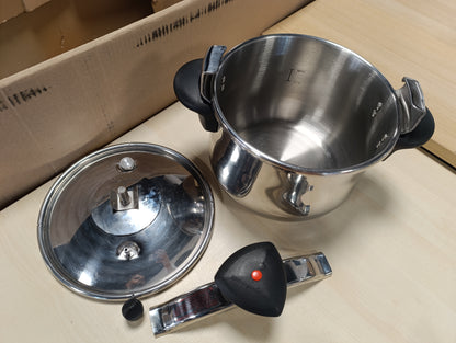255113 - MAGEFESA STAR ME POMPË - TENXHERE TRADICIONALE ME PRESION 6L, ÇELIK INOX 18/10, GATIM I SHËNDETSHËM, I PËRSHTATSHËM PËR SOBE ME INDUKSION