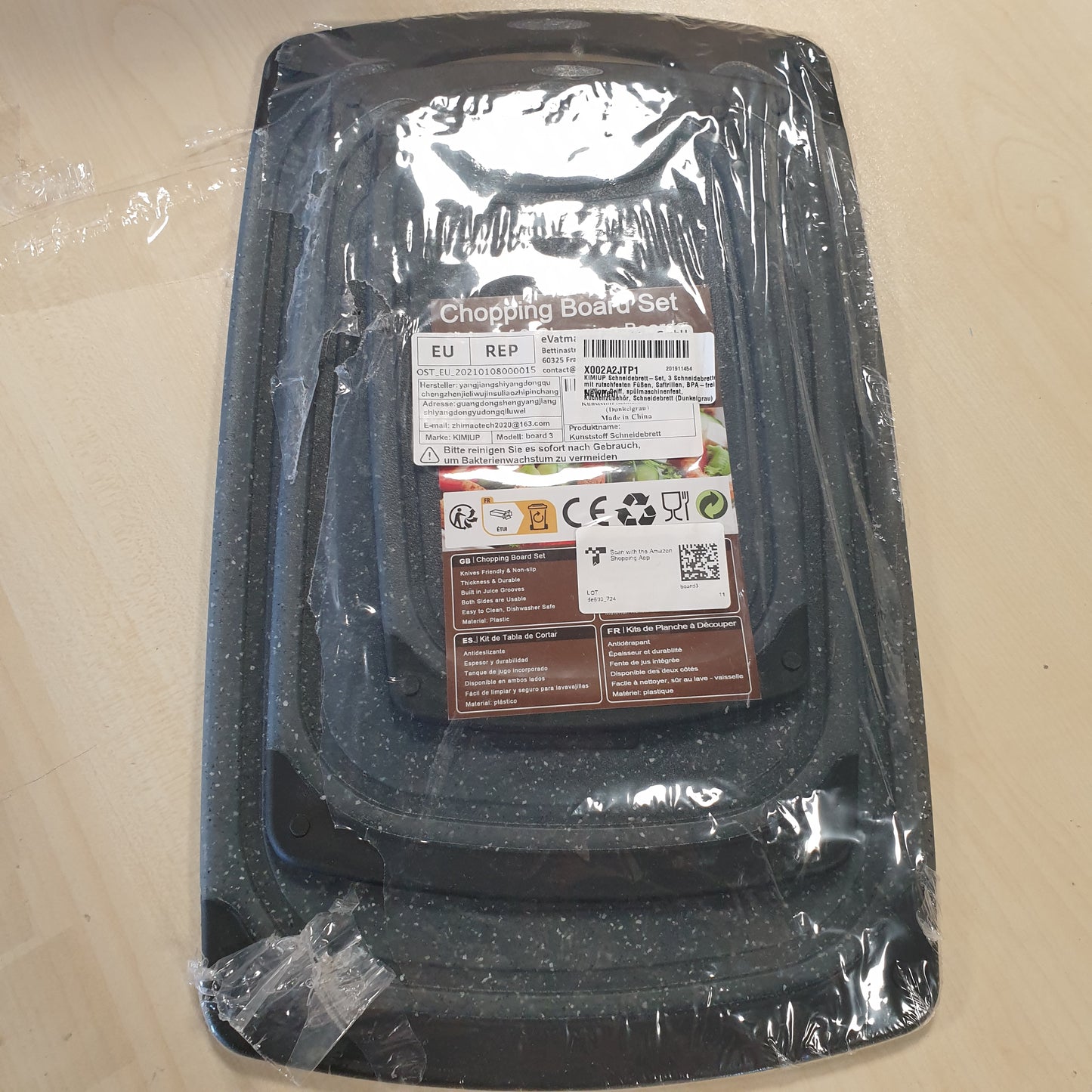 202816 - KIMIUP Set Dërrasash Prerëse Plastike, Pa BPA, 3 Dërrasa Prerëse me Doreza Mosrrëshqitëse, të Lavueshme në Lavastovilje - Gri e Errët