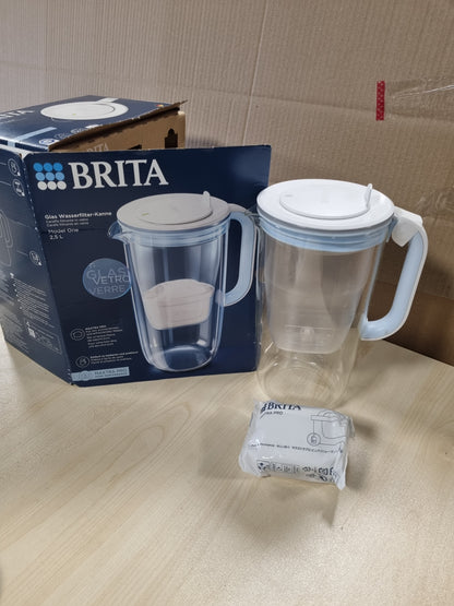 177275 - BRITA Enë Filtri Uji prej Qelqi Blu e Çelët, Kapaciteti 2.5l, përfshirë 1 Fishek MAXTRA PRO, me Smart Light LED dhe kapak me mentesha, Filtron papastërtitë, gëlqeren, metalet etj.