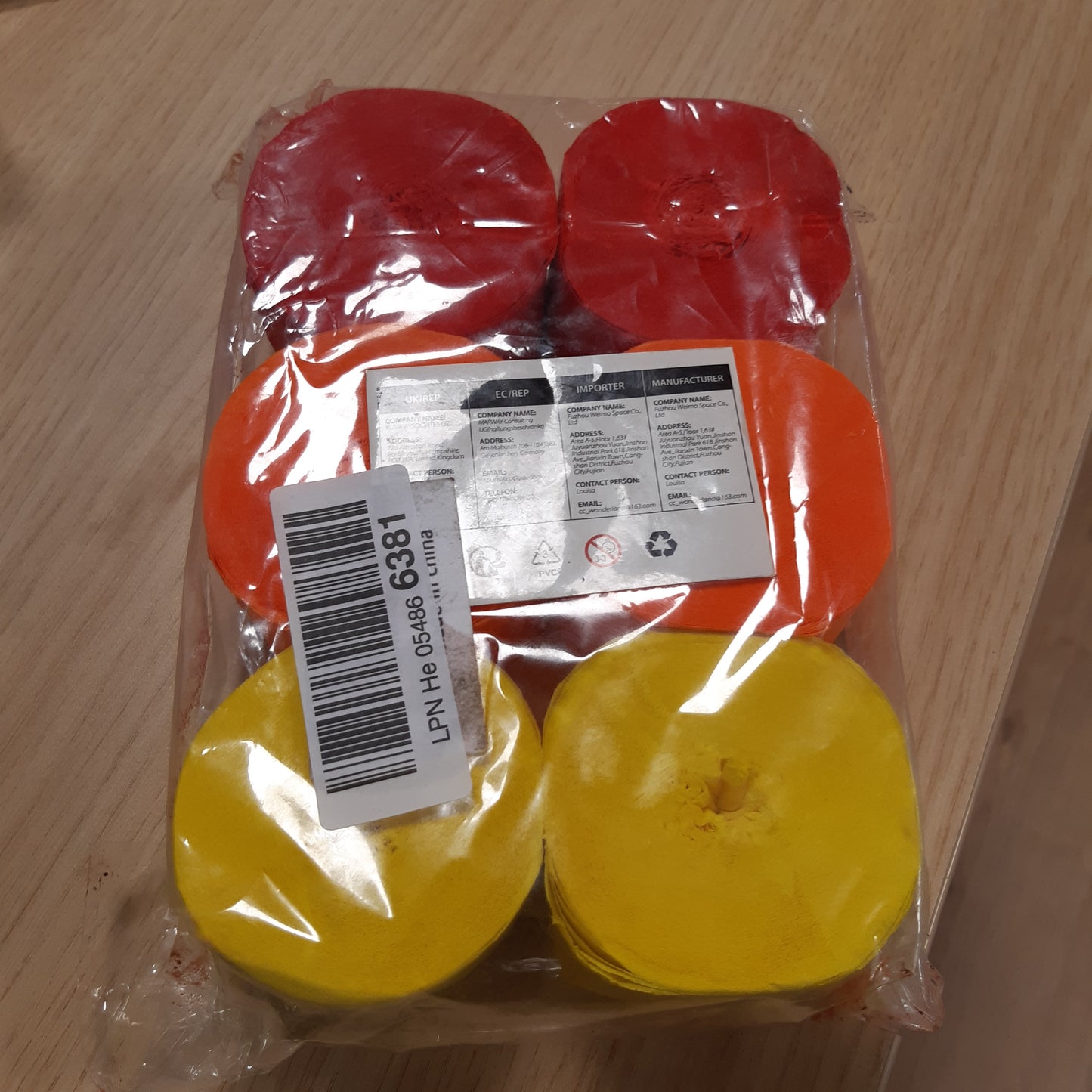 216493 - Set me 6 shirita letre krep të kuq, portokalli dhe të verdhë, 4.5 cm x 25 m