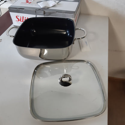 226099 - Silit Tavë pjekjeje Studio me kapak, 29 x 29 x 10 cm, çelik inox i veshur, kapak qelqi, e sigurt për furrë, përputhshme me induksion