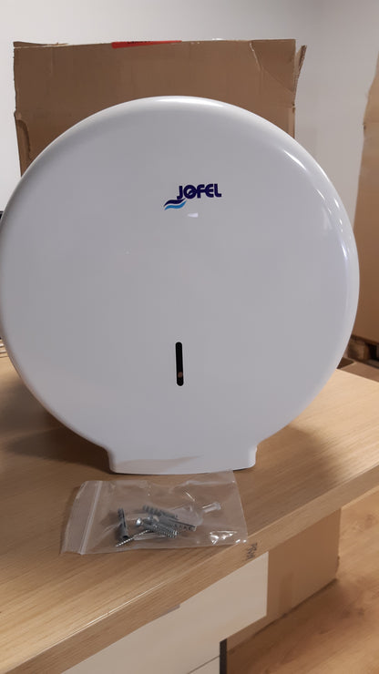 222877 - JOFEL Mbajtëse e Madhe për Rrotulla Letre Higjienike Industriale, Dispensues për Rrotulla deri në 400m, Diametër maksimal 260mm, Bërthamë 55mm, ABS e Bardhë
