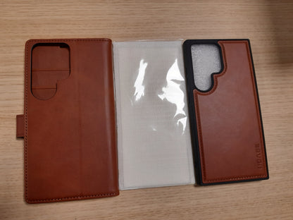 189377 - OCASE Mbrojtëse Lëkure për Samsung Galaxy S24 Ultra 6.8 inç, 2 në 1, rezistente ndaj Goditjeve, Mbulesë Magnetike e Shkëputshme, Karikim pa Tel, Vend për Kartë, RFID, Ngjyrë Kafe