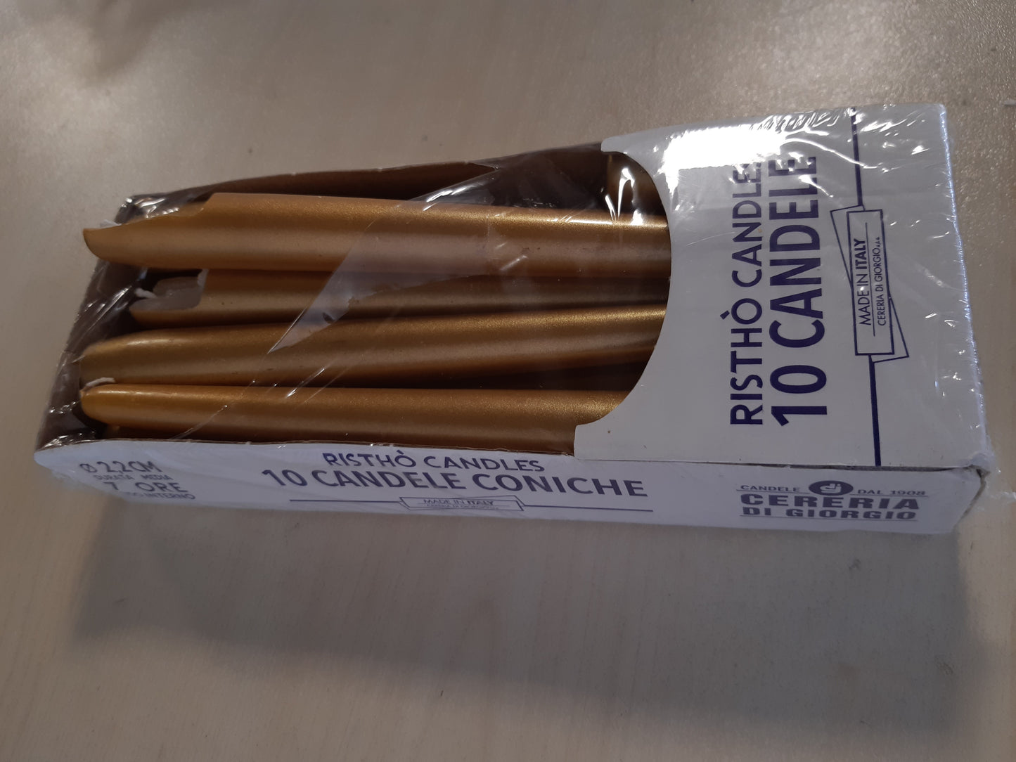 188338 - CERERIA DI GIORGIO - Seti prej 10 Qirinjve në Formë Koni, Ø 2.2 cm, Lartësi 25 cm, Ngjyrë Ari, Kohë Djegjeje 7 Orë, Pa Erë, Dyllë Vegan Natyral, Prodhuar në Itali