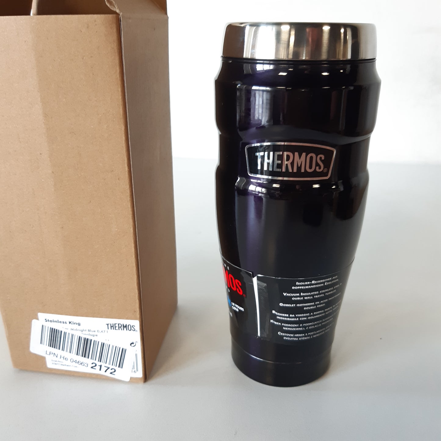 222555 - KING TERMOS INOKS, termos prej çeliku inox, kapacitet 0.47l, blu, e papërshkueshme nga rrjedhjet, mban pijet të ngrohta për 7 orë dhe të ftohta për 18 orë, e sigurt për lavastovilje, pa BPA