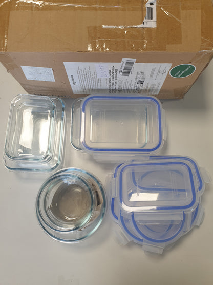 263455 - AMAZON BASICS Enë qelqi të papërshkueshme nga rrjedhjet me kapakë, set me 14 pjesë, 7 enë dhe 7 kapakë plastikë, transparente, blu, pa BPA