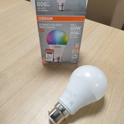 262630 - OSRAM SMART+ RGBW llambë LED B22d me Matter over Wifi, ekuivalente me 60W, 2700-6500K, 16 milionë ngjyra RGB, 1 pako