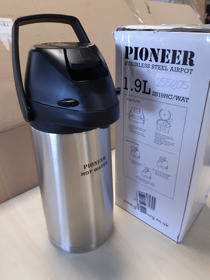 255205 - PIONEER Shishe çeliku inox 1.9L me levë, shishe kundër rrjedhjeve për pije të nxehta dhe të ftohta, shpërndarës pijesh i lehtë për t’u përdorur