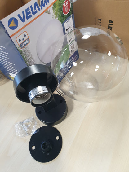 175842 - VELAMP - Dritë Muri për Jashtë me Sferë Transparente, Rezistent ndaj Ujit (IP65), Prizë e Madhe për Llambë E27, Ideale për Instalim në Natyrë