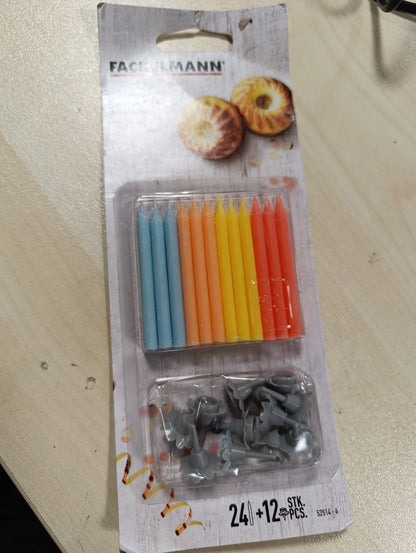 248668 - FACKELMANN Set me 24 qirinj për tortë ditëlindjeje dhe 12 mbajtëse qirinjsh, Dyllë, Plastik, i Kuq, Portokalli, i Verdhë, 6.2 cm, Shumëngjyrësh