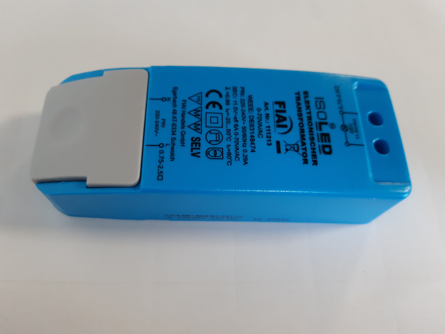 253369 - Transformator i izoluar 12 V/AC, 0–70 W, drejtues LED pa ngarkesë minimale, pa dridhje dhe zhurmë, furnizim me energji të errësueshëm, blu