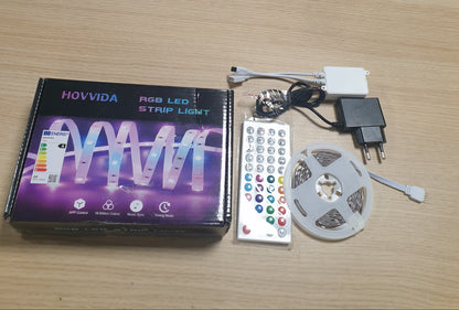 180565 - HOVVIDA Shirit LED 5M, 30 LED/Metër, 150 LED, APLIKACION dhe Telekomandë, Sinkronizim Muzikor, Modalitet Kohëmatësi, 24V, RGB, për Dhomë Gjumi, Dhomë Lojërash, Festë, Festival
