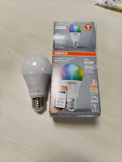 168630 - OSRAM SMART+ RGBW - Llambë LED E27, 60W, Kontrollueshme nëpërmjet Wifi, Kompatibilitet me ALEXA, Ngjyrë e Bardhë e Ngrohtë për në të Ftohtë (2700-6500K), 16 Milionë Ngjyra RGB, Pako me 1
