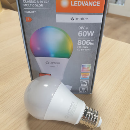 229114 - LEDVANCE Llampa LED SMART+ MATTER, 9W, 806lm, E27, dritë me ngjyra dhe e bardhë, pajtueshme me Google, Alexa, Apple, kontroll me aplikacion ose me zë, jetëgjatësi deri në 20,000 orë, pako e vetme