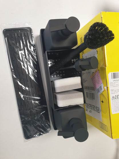 167756 - CAUTIOUS Dozator Sapuni 350ML, i Zi Mat, Organizues Lavamani, Dozator Sapuni për Enë, Dozator Sapuni Plastik për Kuzhinë, i Pajisur me Furçë dhe Sfungjer, 3 Koka Pompe.