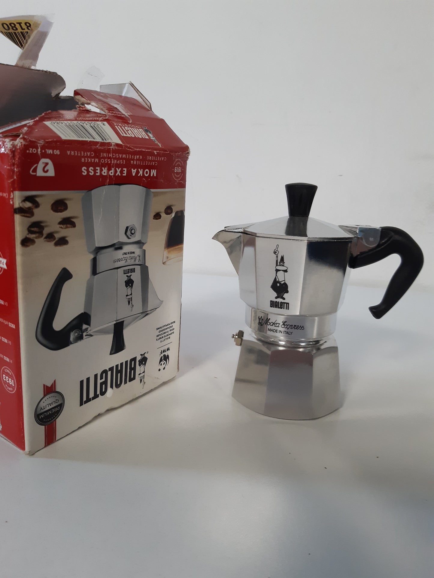 251670 - BIALETTI Makinë kafeje alumini Moka Express për sobë (2 gota), 90ml, argjend/e zezë, 8 x 11 x 11 cm
