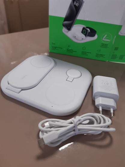 188688 - BELKIN - Mbajtësë Karikimi pa Tel 3-në-1 BoostCharge Qi2, 15W, e Pajtueshme me MagSafe për Apple iPhone, Air, Watch, AirPods, me Adaptor Energjie, ngjyra e bardhë