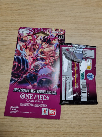 141675 - Asmodee - One Piece OP-11 Booster Blister - Bandai - Grushta të gjalla si rrufeja - Lojë me letra shkëmbimi - Ishulli i tërë i tortës - Një grusht me shpejtësi hyjnore - Versioni francez