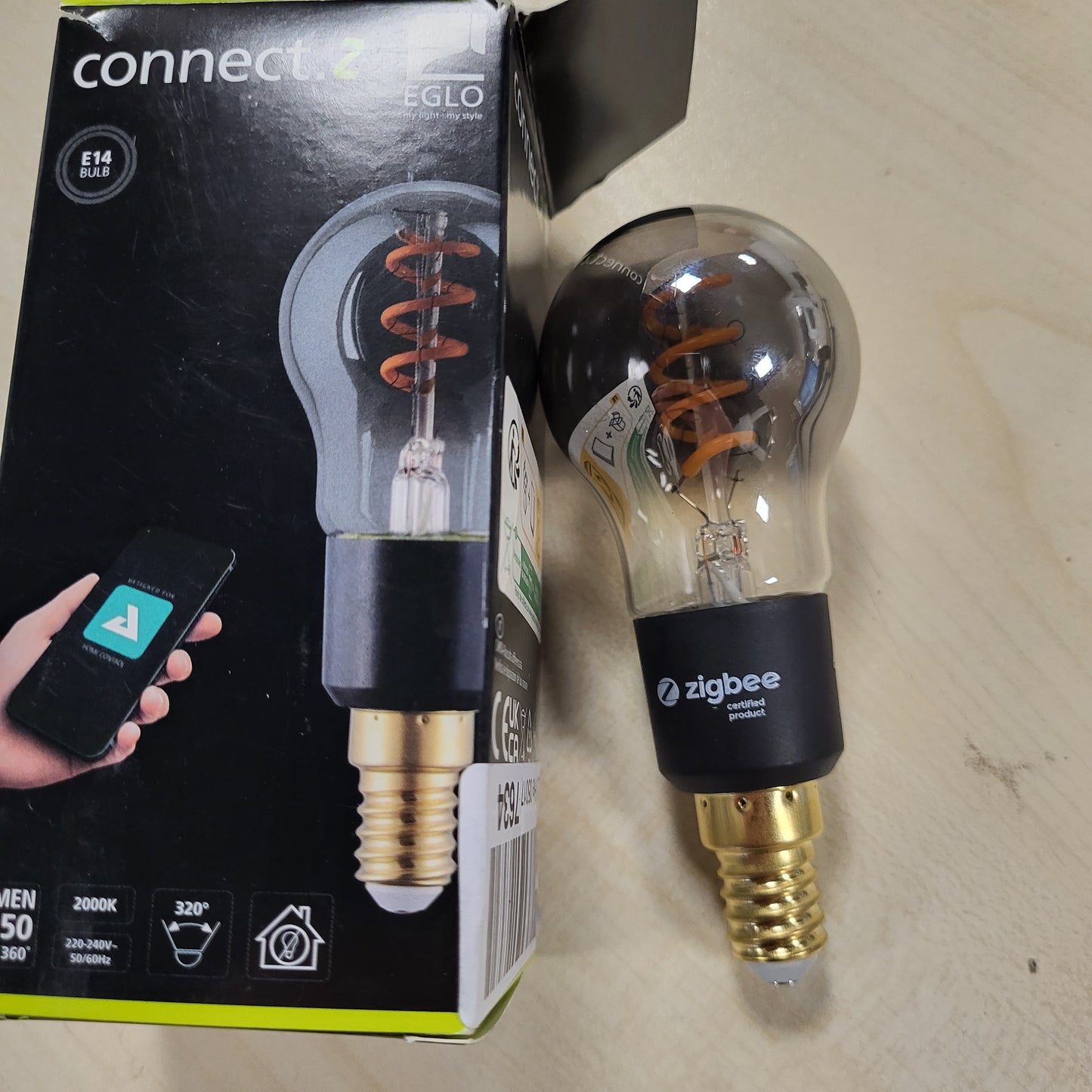 247451 - EGLO LLAMBË dekorative LED connect.z Smart-Home E14, P45, ZigBee, kontroll zanor me aplikacion dhe Alexa, e zbehtë, e bardhë e ngrohtë, 4 vat, llambë drite prej qelqi të tymosur vintage