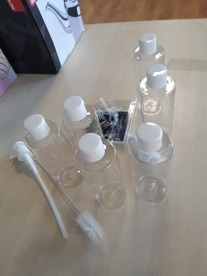 220509 - Maxumille Set shishesh udhëtimi bosh me 7 copë 250ml me kapak rrotullues, pompë shtytëse, gyp, shishe plastike transparente