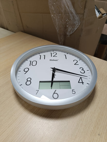 226905 - MEBUS Orë muri me radio të kontrolluar, 29 cm, e heshtur, ekran LCD për datën dhe temperaturën, e bardhë, modeli 19422