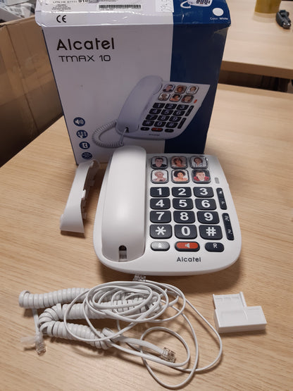 86460 - ALCATEL TMAX 10 - Telefon i Bardhë Fiks me Kabëll për të Moshuar, Butona të Mëdhenj, Thirrje pa Dua, Dritë Treguese për Thirrje Hyrëse, Butona Fotosh, i Pajtueshëm me Aparatin e Dëgjimit