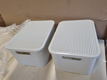 256737 - BRANQ Shportë me kapak për sende shtëpiake, dizajn ratani, set me 2 copë, madhësia M, 10l, plastikë PP, krem