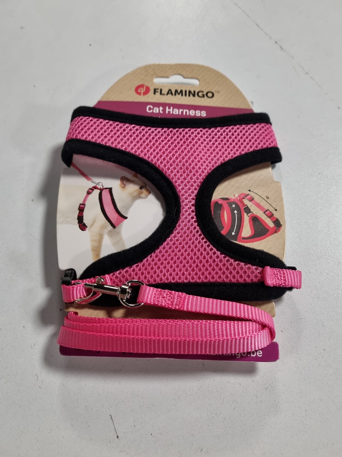 263722 - FLAMINGO PARZMORE PËR MACE ME ZINXHIR, ROZË, MADHËSIA A: 32 CM, B: 36–48 CM, C: 110 CM X 10 MM X 2 MM, NAJLON I RREGULLUESHËM ME RRJETË