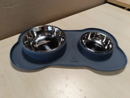 224868 - Tas për mace prej çeliku inox, 2 copë, 36 x 21 cm, tasa të dyfishta uji me tas për qen prej silikoni