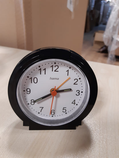 202807 - HAMA Orë Alarmi Analoge pa Tik-tak, 12.5 x 6.5 x 17cm me Akrepë Fluoreshente dhe Funskion Alarmi Rregullueshëm, e Zezë
