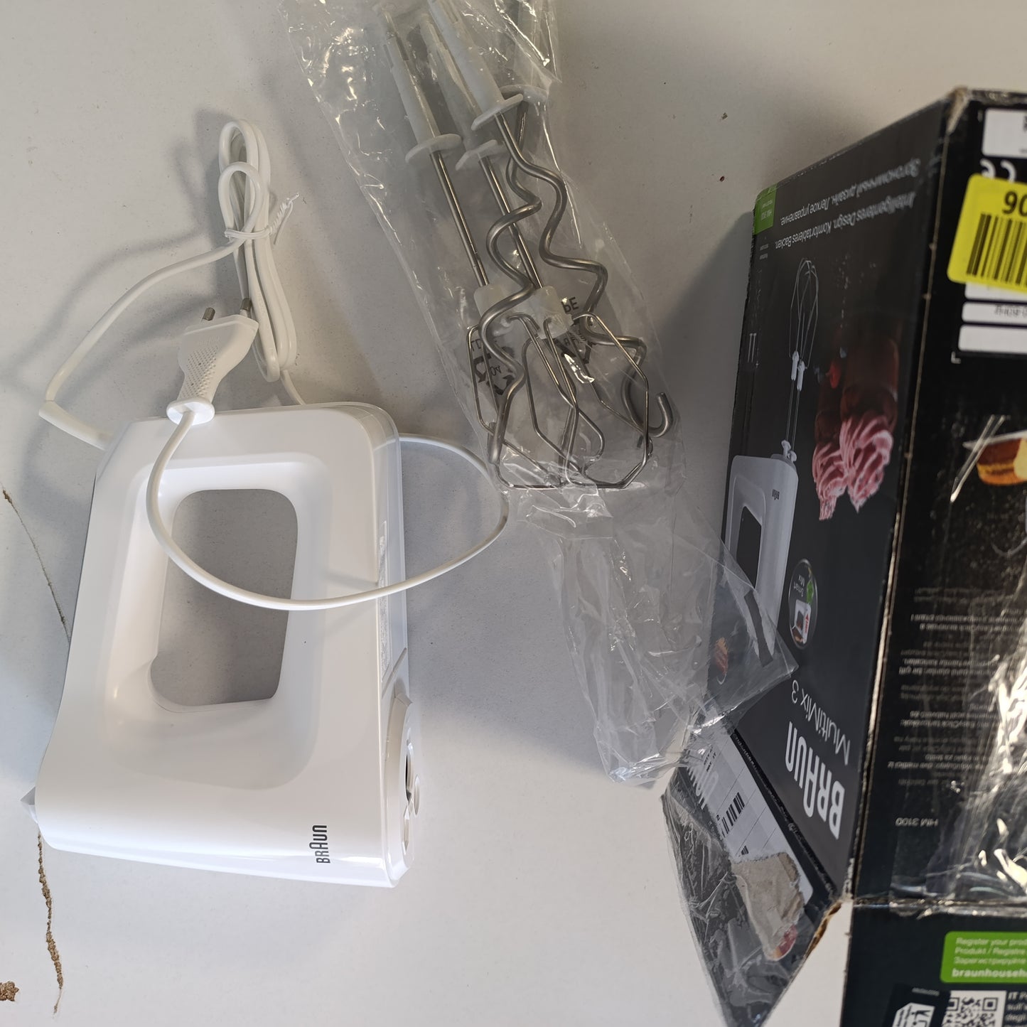 162327 - BRAUN HM3100WH MultiMix 3 - Përzierës Dore Elektrik, 500W, Sistemi Easyclick, 5 Shpejtësi + Turbo, Dopio i Pajisur me Rrahëse dhe Grepa, Plastik, Dorezë Anti-Rrëshqitëse, I Bardhë
