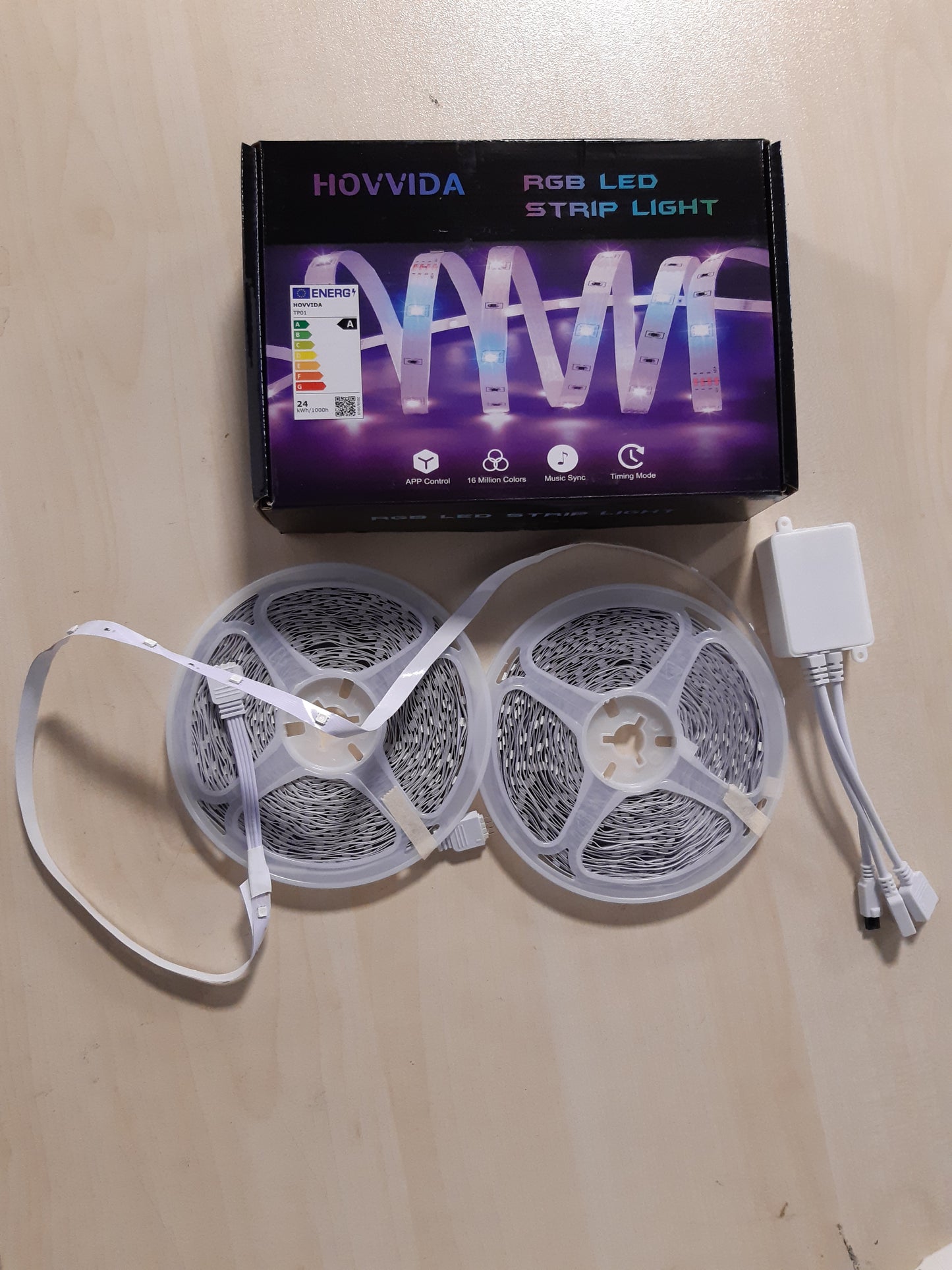 210592 - HOVVIDA Shirit LED 30M, 30 LED/Metër, RGB 24V, 900 LED, 2x15M, Kontrollues me APLIKACION dhe Telekomandë, Modalitet Muzike dhe Kohëmatësi, Përshtatshme për Dhomën e Gjumit, Dhomën e Ndenjeje, Kuzhinën, Festën