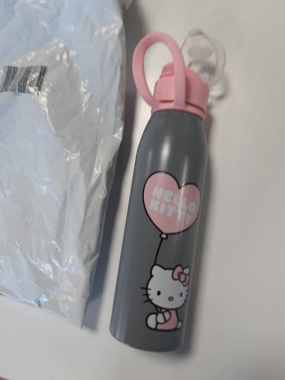 242854 - Hello Kitty Shishe uji për fëmijë prej çeliku inox 590 ml, E papërshkueshme nga rrjedhjet, me grykë për pirje, gri-rozë