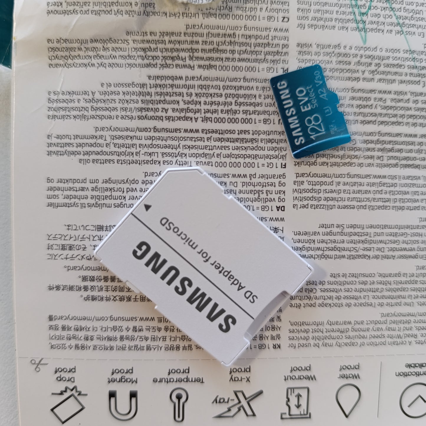 267019 - SAMSUNG Kartë microSD EVO Select (2024) + adaptor SD, 128 GB, kartë memorieje për telefona inteligjentë dhe tableta, UHS-I U3, 4K UHD, Full HD, lexim 160 MB/s, MB-ME128SA/EU
