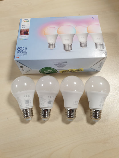 260260 - PHILIPS Hue Essential Ampoule Connectée LED A60, Ambient i Bardhë dhe me Ngjyra, E27, 8W, 2200-6500 K, 806 lm, Intensitet i rregullueshëm, Pajtueshëm me Alexa, Google dhe Apple Home, Pako prej 4