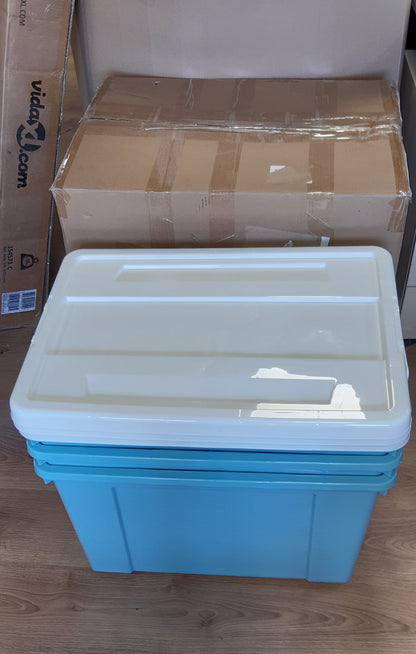 208698 - CETOMO Kutitë e Ruajtjes 90L*3, Kutitë e Plastikës me Kapakë, Enë Organizuese, Kopa e Sigurt me Vendosje të Grumbulluar, Përdoresh për Rroba, Shtëpi, Zyra, Ngjyra Blu