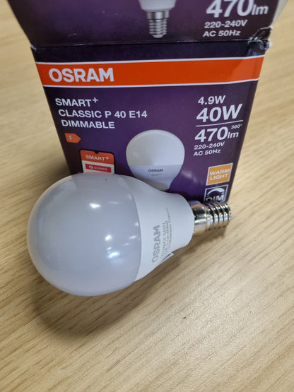 219887 - OSRAM Llampa LED SMART P40 Miniball E14, 4.9W, 2700K, kontroll me aplikacion, ZigBee 3.0, e bardhë