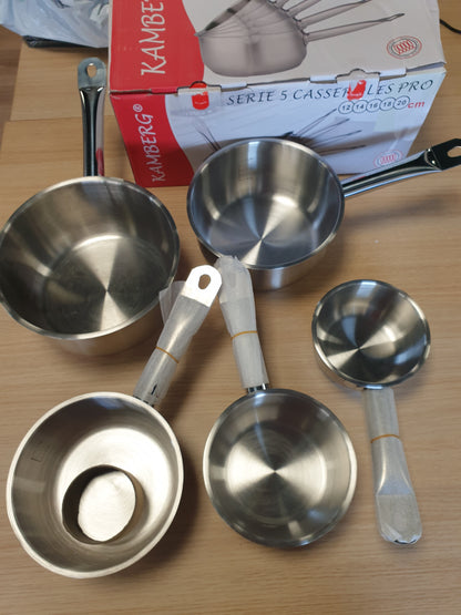 231177 - KAMBERG | Pro Range | Set me 5 tenxhere çeliku inox | 12/14/16/18/20 cm | Dorezë argjendi rezistente ndaj nxehtësisë | I përshtatshëm për të gjitha sobat, përfshirë induksionin