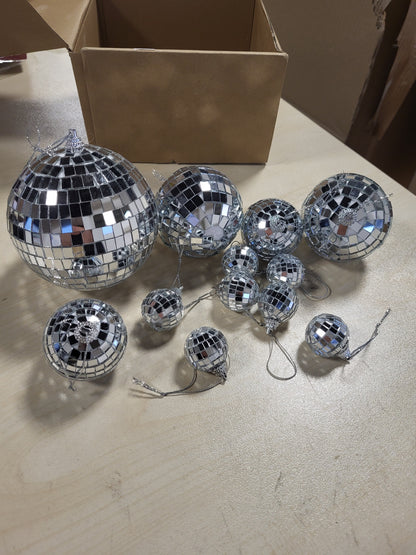 252704 - MytaYt Top Pasqyre me 12 Pjesë, Top Disko i Varur prej Argjendi, Mini Top Disko për Dekorimin e Pemës së Krishtlindjeve (10/7/5/3/2cm)