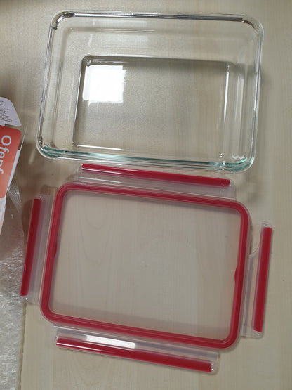 196269 - EMSA: Enë Drejtkëndëshe Qelqi për Ruajtjen e Ushqimit Clip & Close, 2L, 100% e Papërshkueshme nga Rrjedhjet, në Ngjyrë të Kuqe Transparente, e Sigurt për Lavastovilje, Frigorifer, Furrë dhe Mikrovalë, Kode: N10411