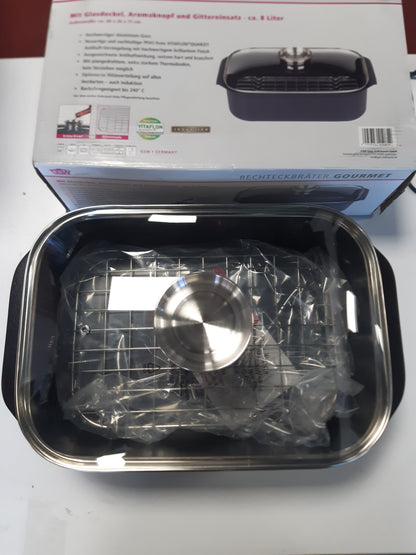 208314 - GSW GOURMET Tavë Drejtkëndëshe Pjekjeje me Kapak Qelqi Aromatik dhe Futje Skare, Alumin i Derdhur, i Pajtueshëm me Induksion, i Zi, 40 x 26 x 11cm