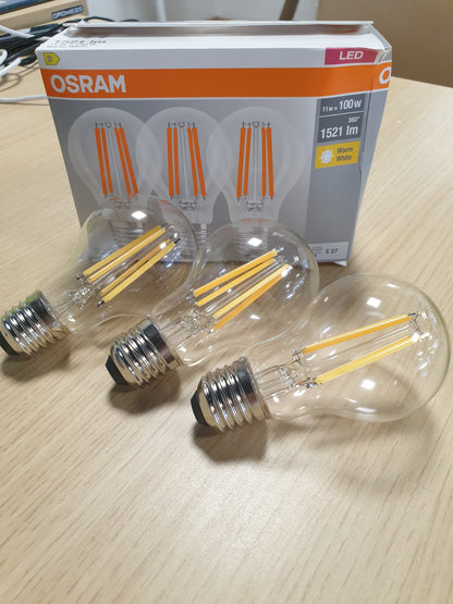 224814 - OSRAM Llambë LED, bazë: E27, e bardhë e ngrohtë, 2700 K, 11 W, ekuivalente me llambë inkandeshente 100 W, transparente, pako me 3 copë
