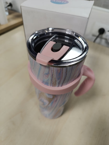 250767 - THILY Gotë prej çeliku inox të izoluar me vakum, 1180 ml, Gotë udhëtimi për kafe me dorezë dhe kapak, mban pijet e ftohta për 34 orë ose të nxehta për 12 orë, me valëzim rozë