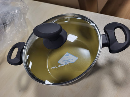 251624 - FLORINA AMVEGAN Tenxhere alumini 20 cm | 2.1L | Qëndrueshmëri e lartë | Kapak qelqi | Veshje qeramike me vaj ulliri | Gatim dhe pastrim i lehtë | I përshtatshëm për të gjitha sobat