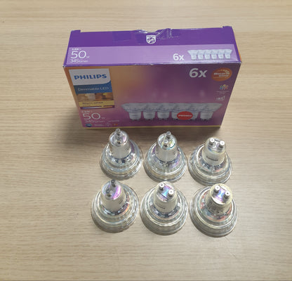 214857 - Llambat Philips LED Classic GU10 me Ndriçim të Ngrohtë, pako me 6 llamba (50 W), reflektorë LED me dritë të ngrohtë të bardhë, llamba kursimi energjie me jetëgjatësi të gjatë, me Ndriçim të Ngrohtë me Ndriçim të Ngrohtë, të errësueshme