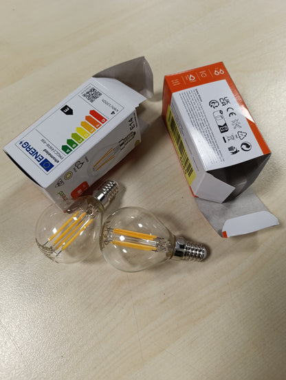 230112 - Homeled Llambë Mini E14 LED G45, 4W (ekuivalente 40W), e bardhë e ngrohtë 2700K, xham transparent, 470 lm, pako me 4