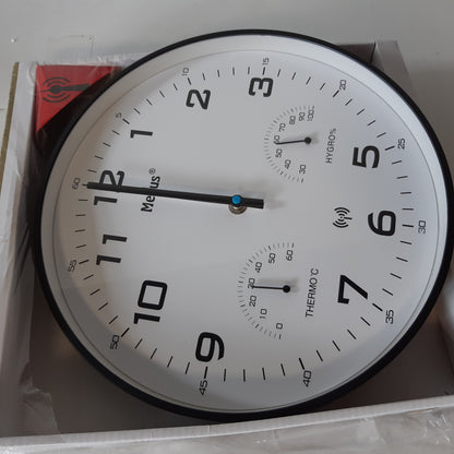 213904 - MEBUS Orë muri moderne me radio, 30 cm, me ekran të temperaturës dhe lagështisë